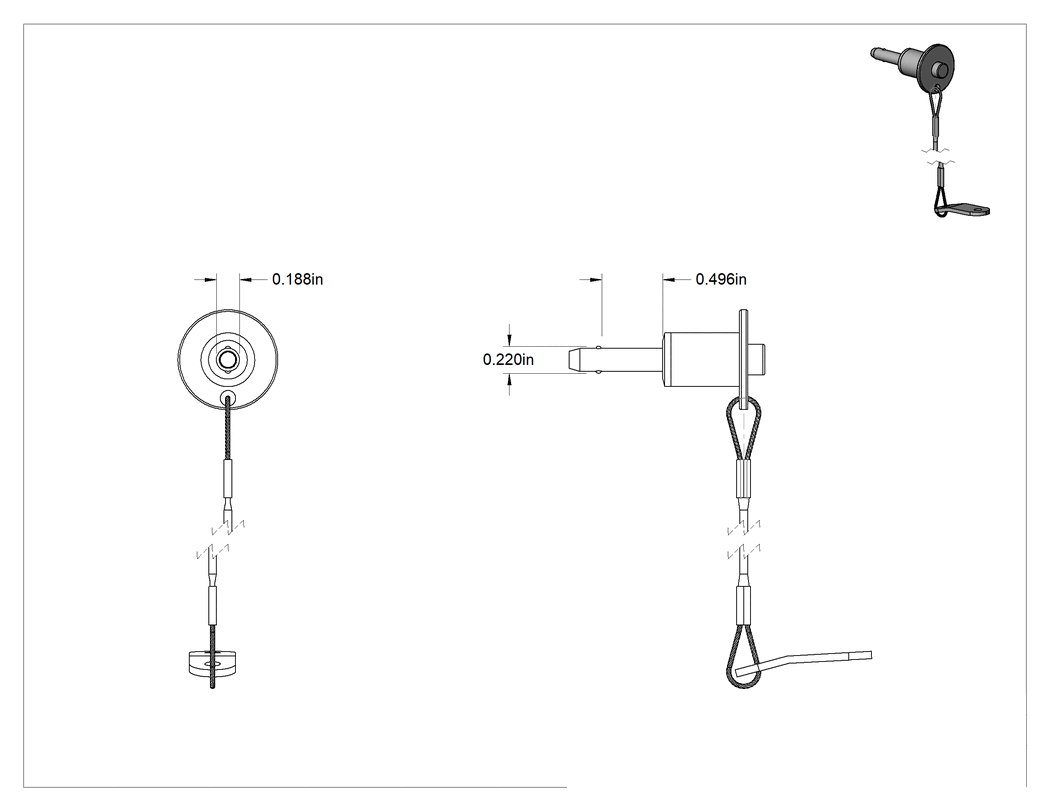 Teknik Çizim - Topuz Tutamaklı Basmalı Düğme Hızlı Açma Pimi, Kordonlu, 3/16" Çap, 1/2" Kullanılabilir Uzunluk