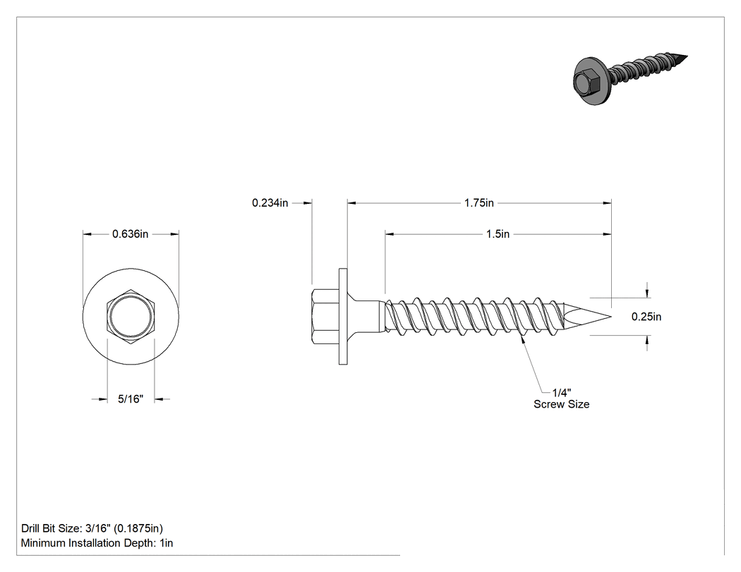 Teknik Çizim - Duvar ve Beton için Diş Açan Vida, Gümüş Kaplı Çelik, Altıgen Pul Başlığı, 1/4" Boyut, 1-3/4" Uzunluk