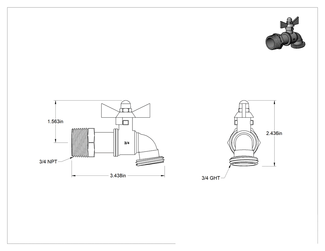 Teknik Çizim - Açma-Kapama Bahçe Hortumu Musluğu, 3/4 NPT Erkek Girişli