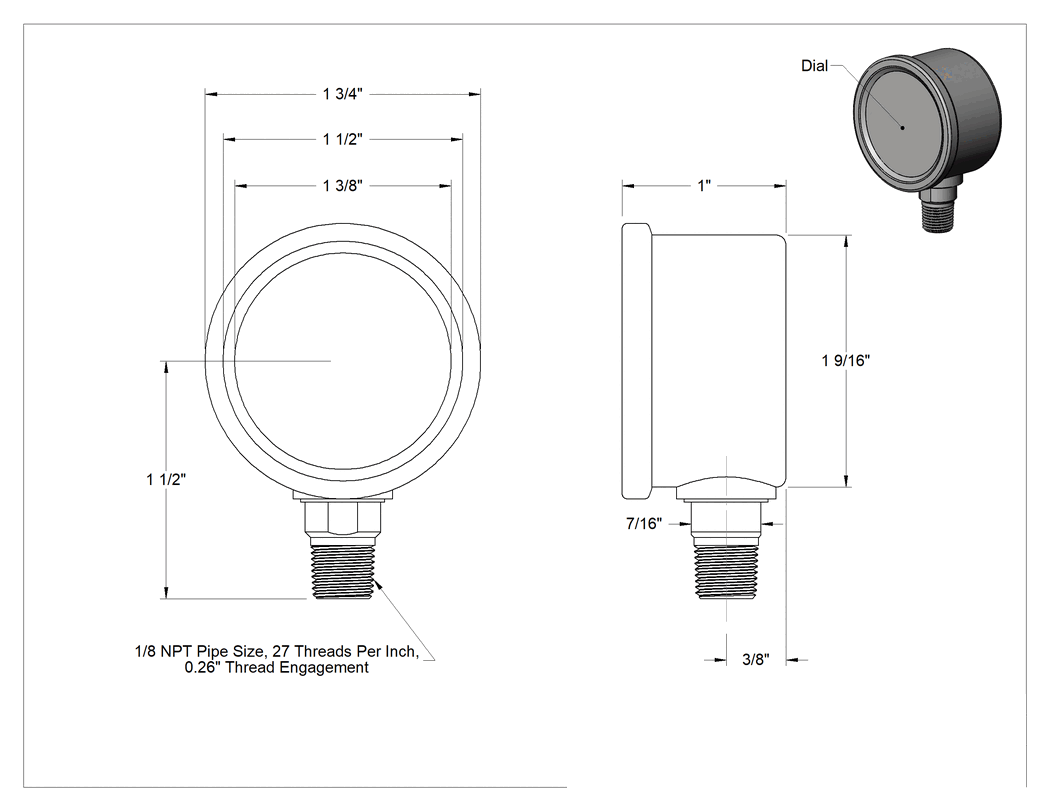 Teknik Çizim - Çift Ölçekli Titreşim ve Paslanma ve Aşınmaya Dayanıklı Ölçer, Bileşik, 1.5 inç Kadran, 1/8 NPT Erkek Alt Bağlantı, 0-100 PSI