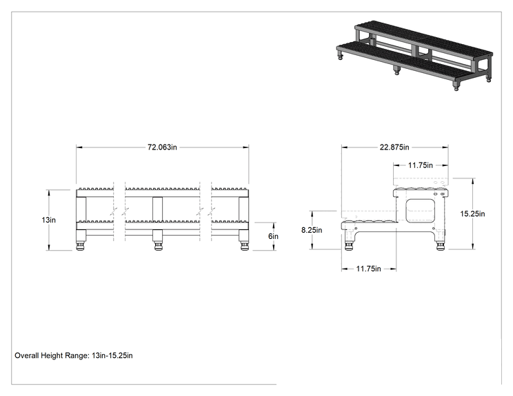 Teknik Çizim - 2 Basamaklı Yüksekliği Ayarlanabilir Çalışma Platformu, 2 adet Basamaklı, 13" ila 15-1/4" Yükseklik x 72" Genişlik x 23" Derinlik Toplam