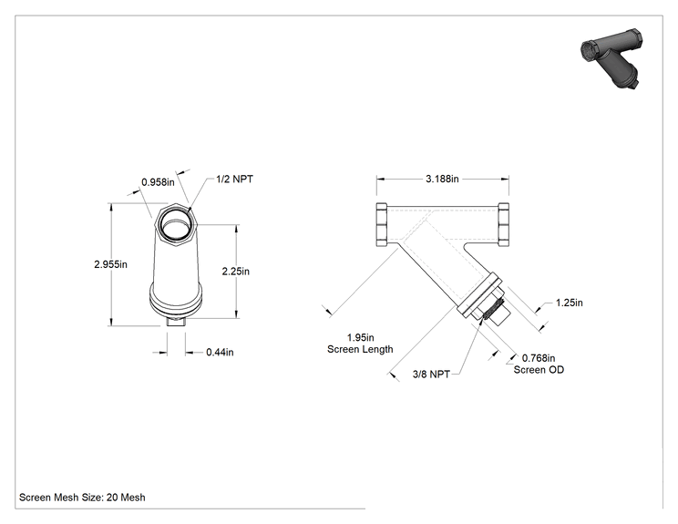 Teknik Çizim - Düşük Basınçlı Bronz Y-Süzgeç, Hasır Elekli, 1/2 NPT, 20 Mesh