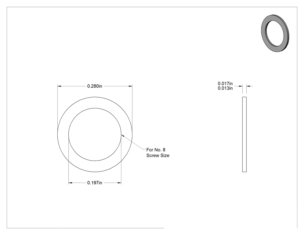 Teknik Çizim - PTFE Plastik Pul, 8 Numaralı Vida için, 0.197" İç Çap, 0.280" Dış Çap, 0.013"-0.017" Kalınlık