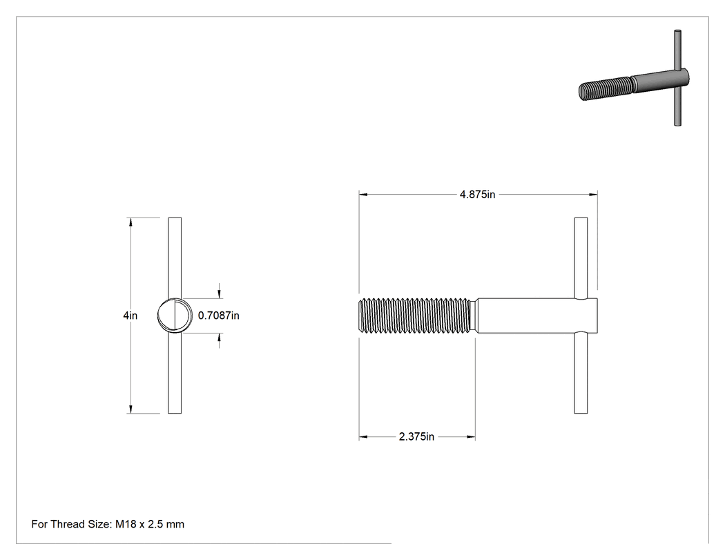 Teknik Çizim - Helisel Dişli Ek Montaj Aleti, T-Saplı, M18 x 2.5 mm Diş Boyutu için