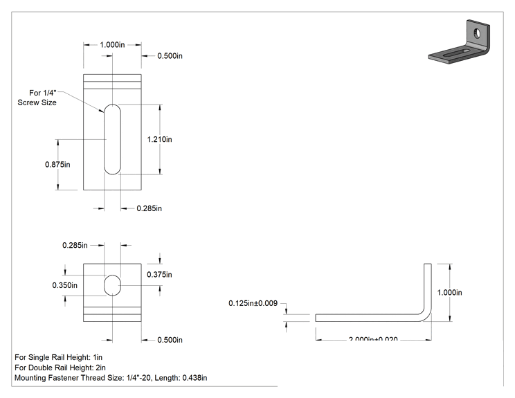Teknik Çizim - T-Yivli Çerçeve, 1" Yüksekliğinde Tek Ray için Makine Braketi, 2" Genişlik x 1" Uzunluk
