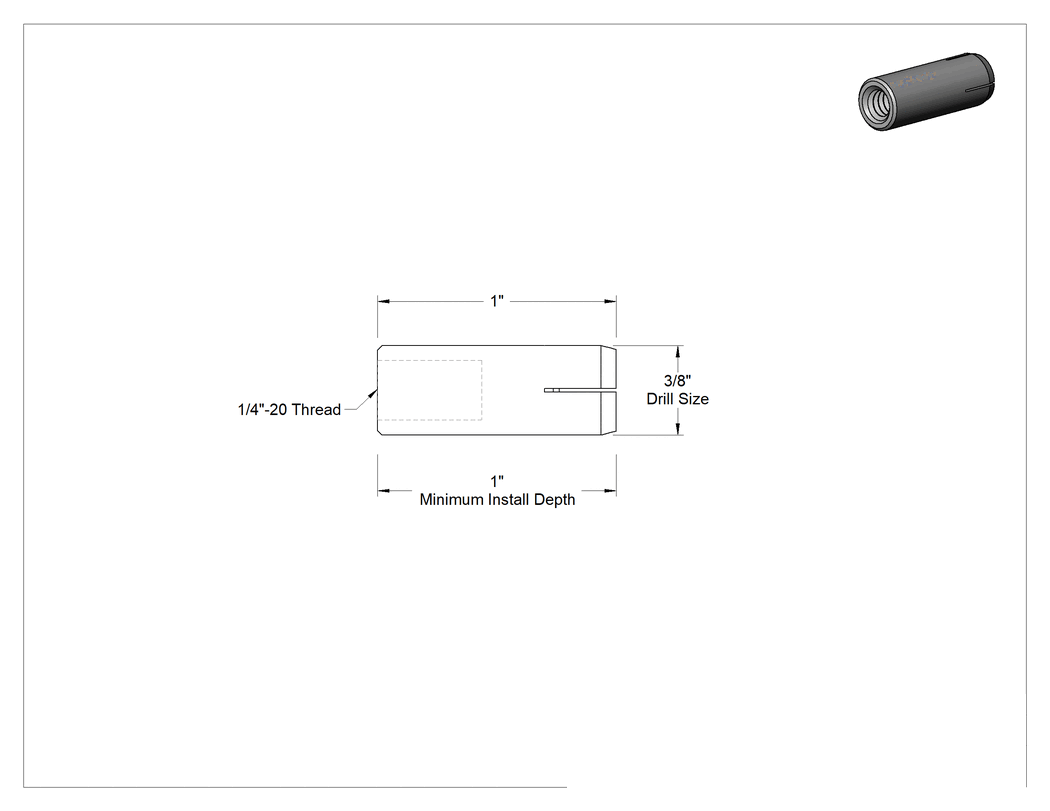 Teknik Çizim - Beton için 316 Paslanmaz Çelik Dişi Dişli Ankrajlar, 1/4"-20 Diş Boyutu