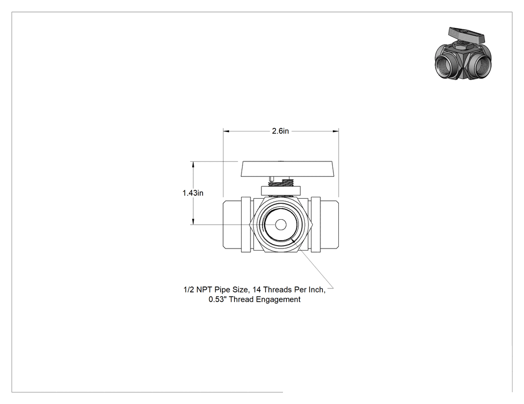 Teknik Çizim - Panele Monte Dişli Yön Değiştirme Valfi, Çift L-Deseni, Pirinç Gövde, 1/2 NPT Dişi, 0.8 Cv