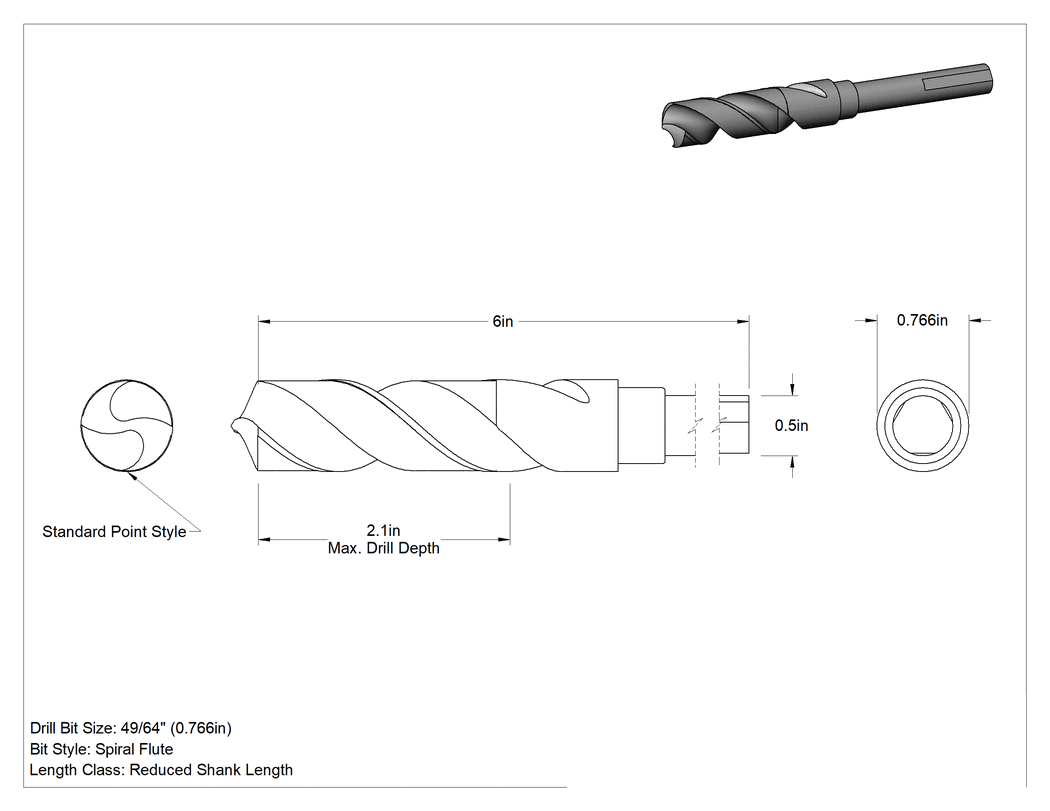 Teknik Çizim - Yüksek Hızlı Çelik 1/2" Çaplı Daraltılmış Şaftlı Matkap Ucu, Şaftta Düz Yüzeyli, Siyah Oksit Kaplama, 49/64" Boyut