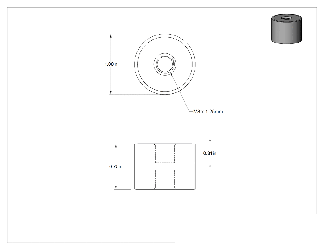 Teknik Çizim - Doğal Kauçuk Titreşim Sönümleyici Sandviç Montaj, M8 x 1.25 mm Dişli 304 Paslanmaz Çelik Ek Parça, 110 lbs. Kapasite