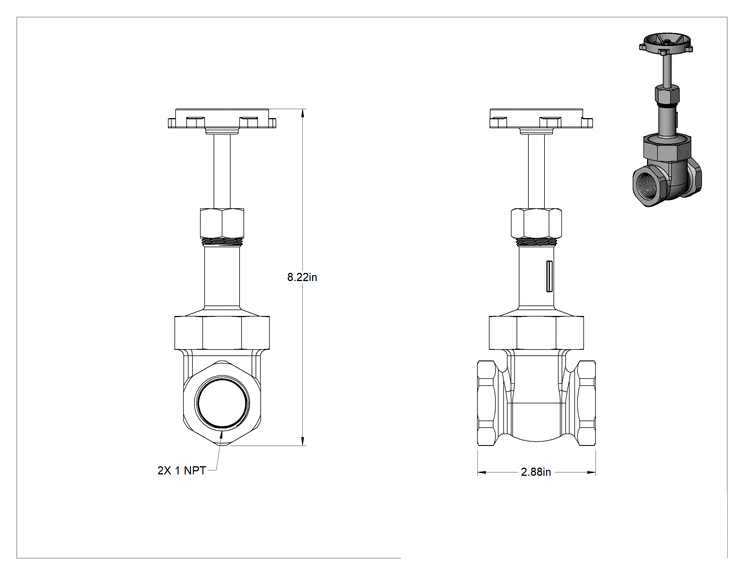 Teknik Çizim - Bronz Gövde ve Sürgülü Kademeli Açma/Kapama Vanası, Tekerlek Kolu ve Yükselen Mil, Basınç Sınıfı 200, 1 NPT Dişi