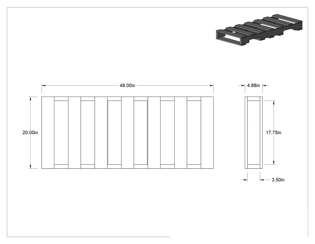 Teknik Çizim - Ahşap Palet, 20 inç Genişlik x 48 inç Derinlik x 4-7/8 inç Toplam Yükseklik