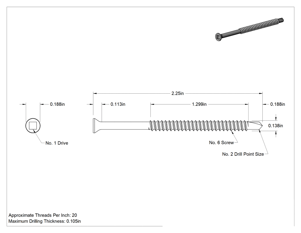 Teknik Çizim - Alçıpanı Metal Çerçeveye Birleştirmek için Kare Tahrikli Vida, Delme için, Küçük Başlı, Numara 6 Boyut, 2-1/4" Uzunluk