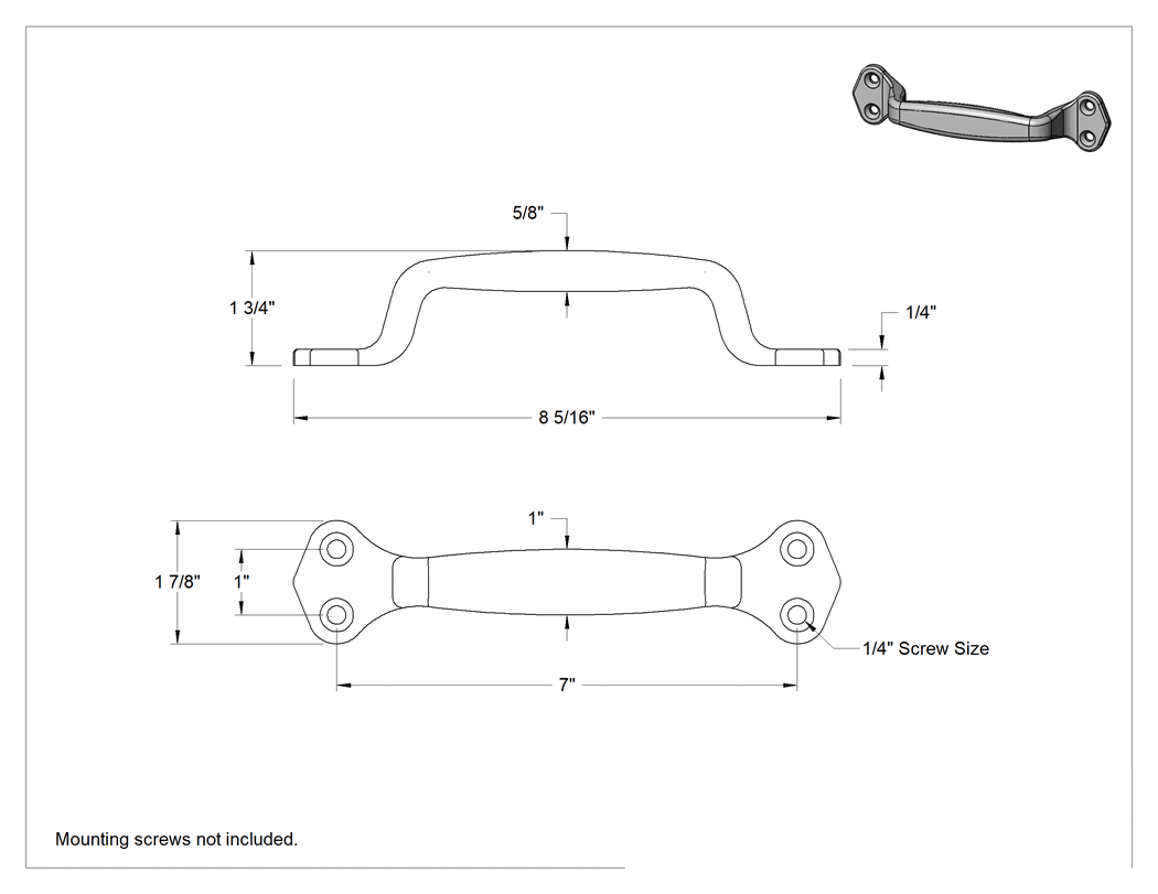 Teknik Çizim - Dişsiz Delikli Dikdörtgen Çekme Kolu, Krom Kaplı Çinko, 7" Merkezden Merkeze Genişlik