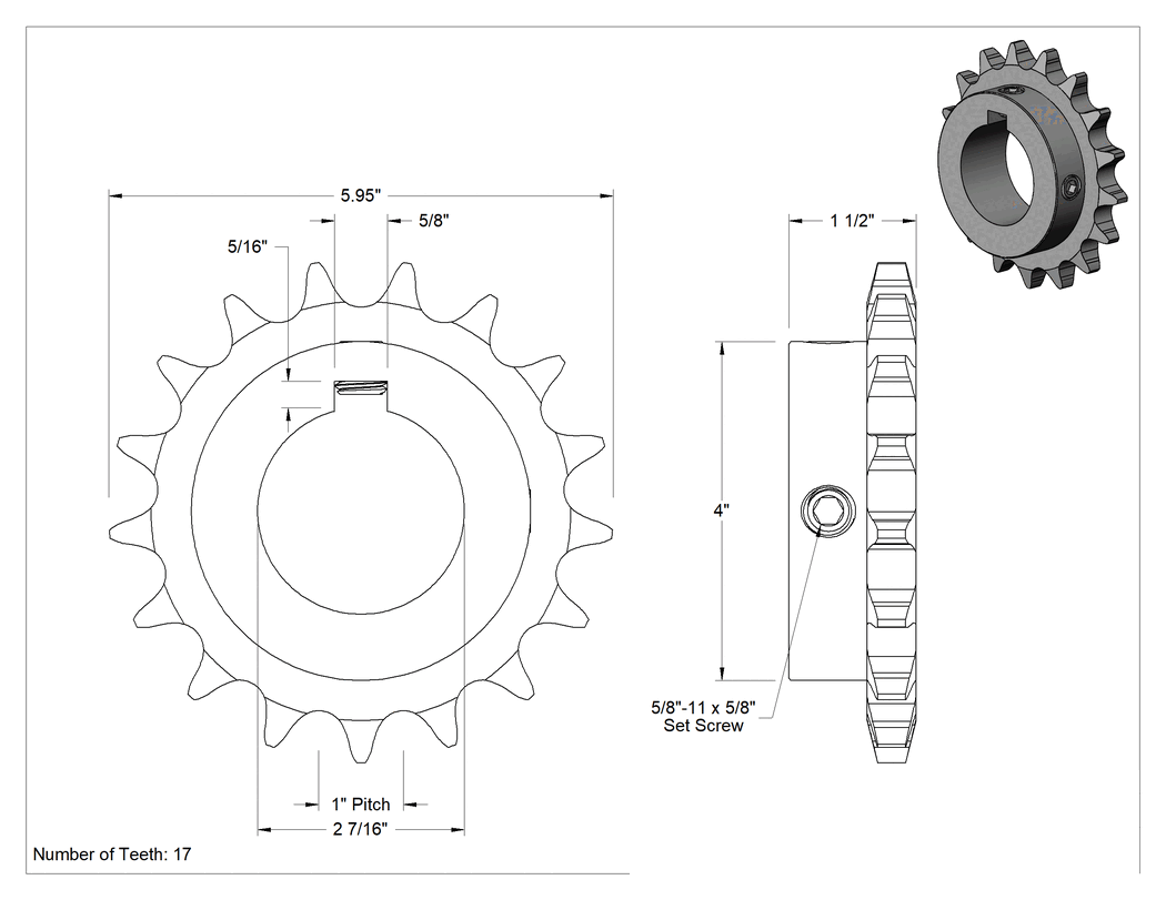 Teknik Çizim - Çelik Tek Sıralı Dişli, ANSI 80 Makaralı Zincir ve 2-7/16" Mil Çapı için, 17 Diş