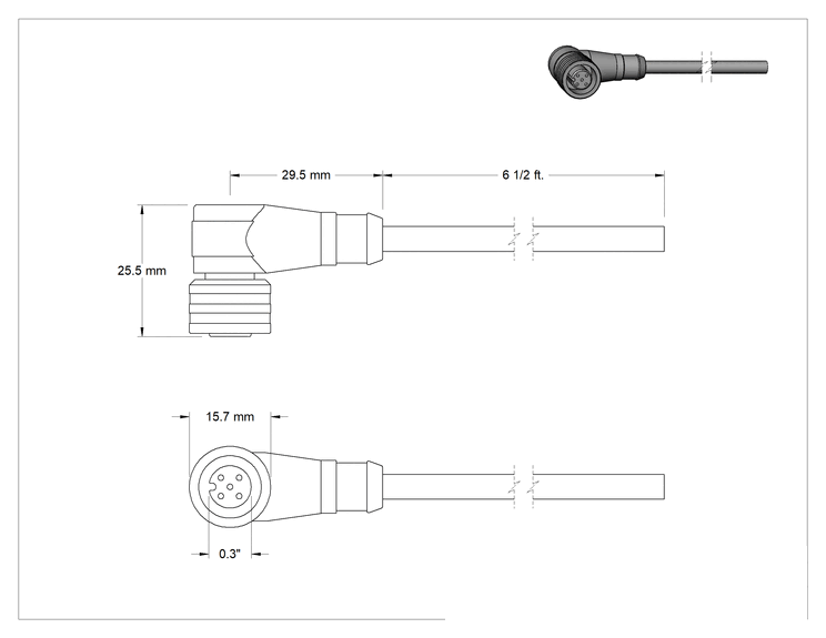 Teknik Çizim - Mikro M12 İtmeli Sinyal/Güç Konektörleri, Tel Uçlu 90 Derece Dirsek Soket