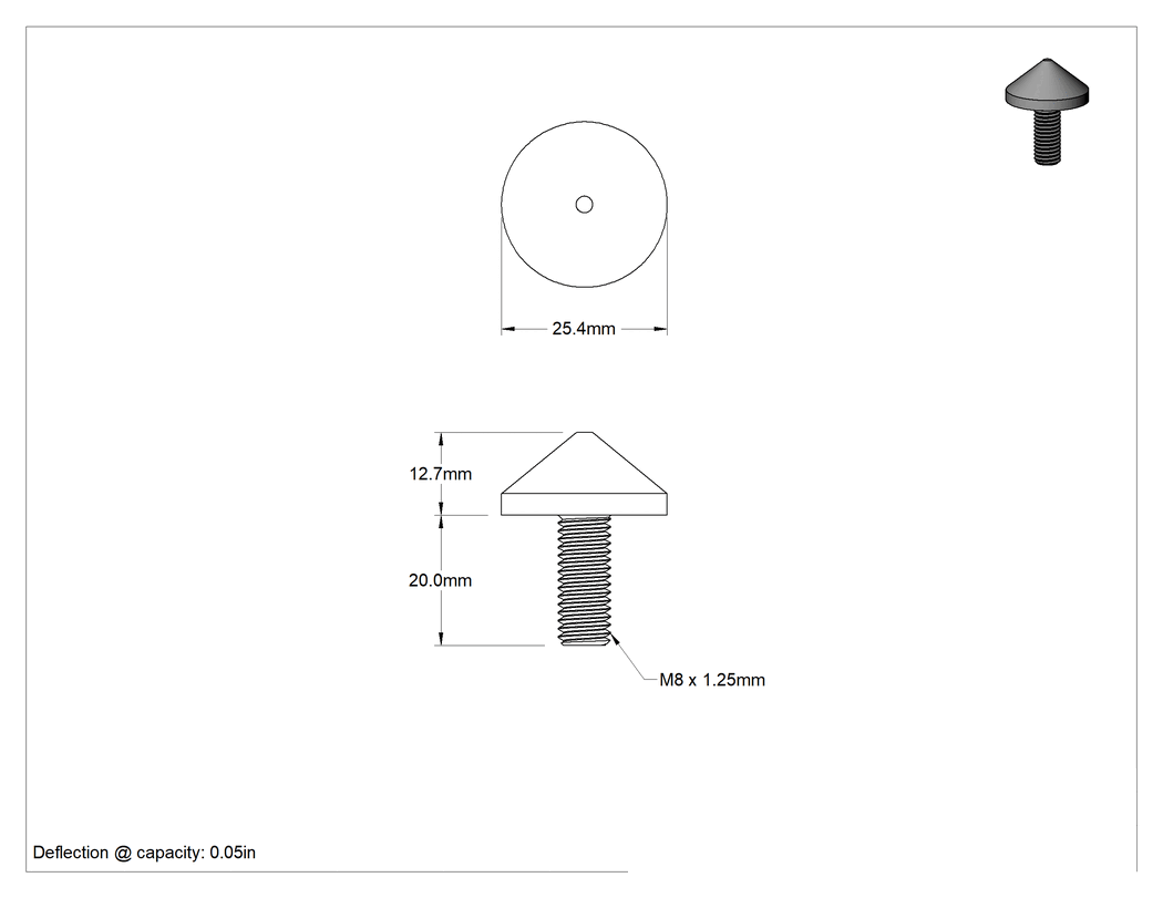 Teknik Çizim - Yük Kapasiteli Güçlendirilmiş Dişli Tampon, Çelik Plakalı ve M8 x 1.25 mm Saplamalı Neopren, 25 lbs. Maksimum