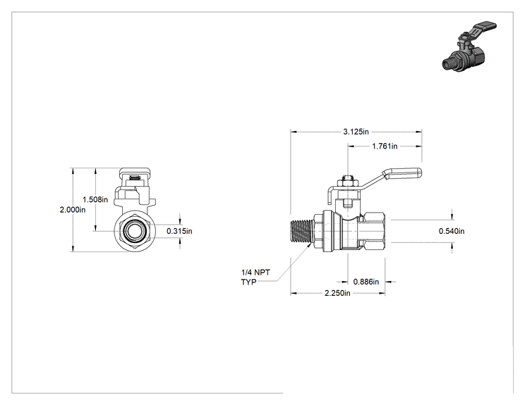 Teknik Çizim - Pirinç Gövdeli Açma/Kapama Vanası, Kısa Kol Tutacaklı, 1/4 NPT Dişi x 1/4 NPT Erkek