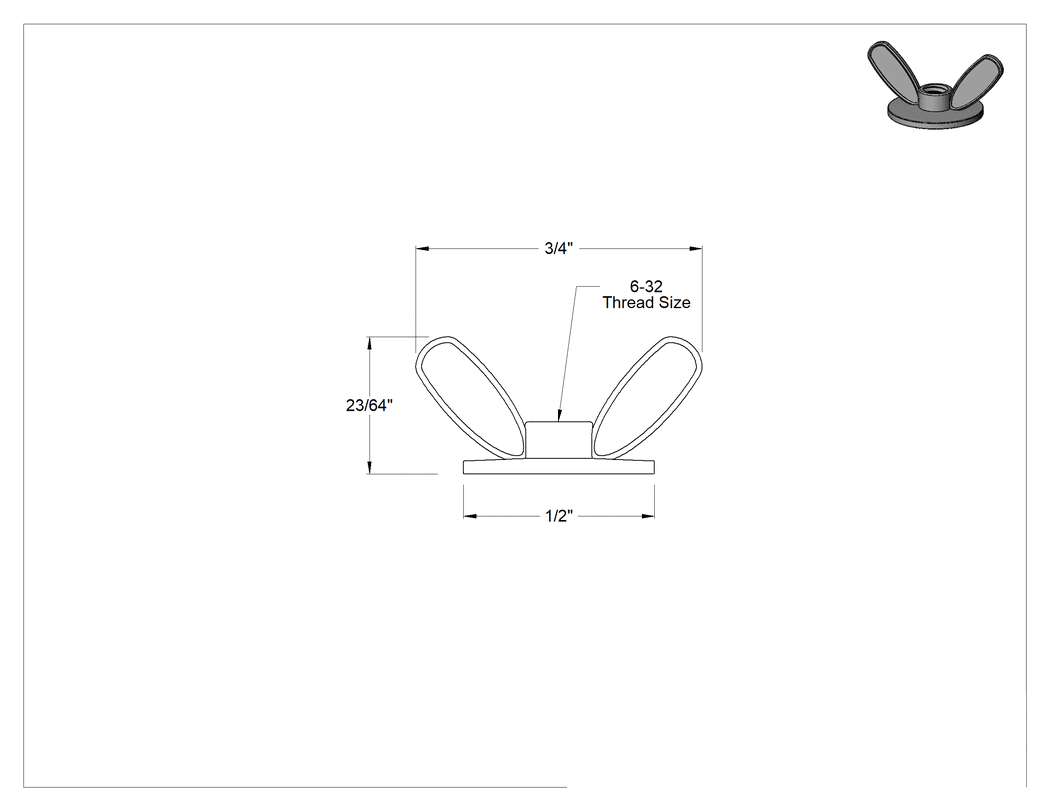 Teknik Çizim - Flanşlı Kelebek Somun, Çinko Alaşımı, 6-32 Diş Boyutu, 3/4" Genişlik