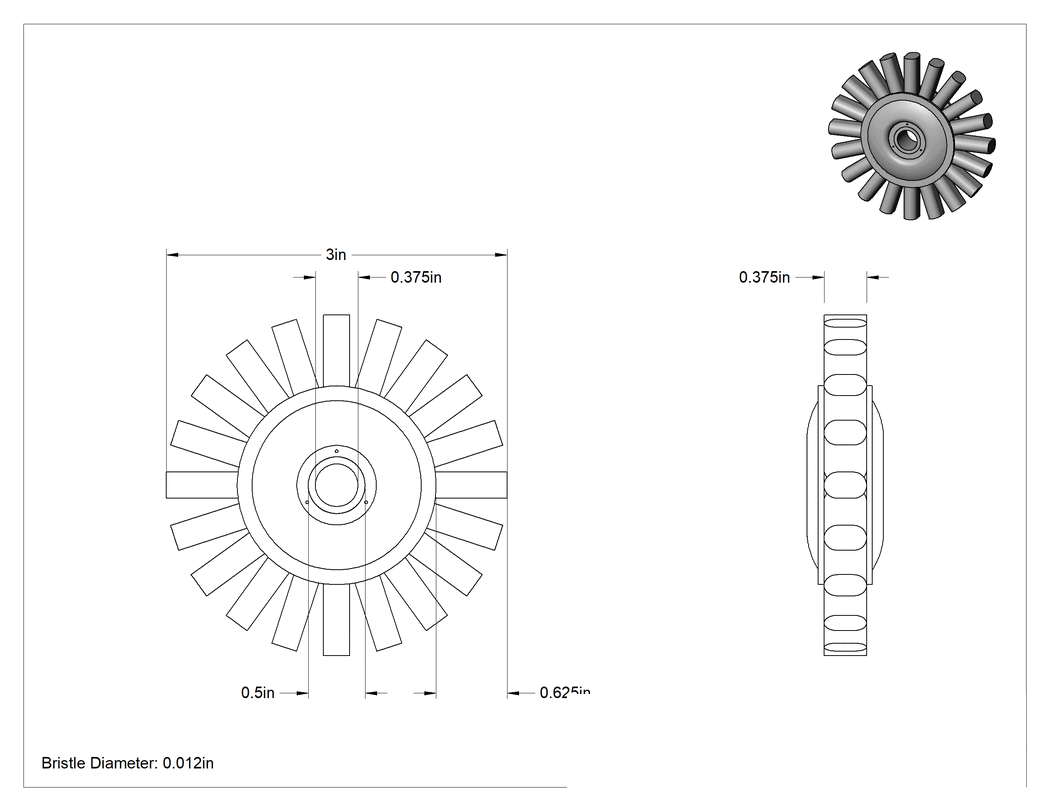 Teknik Çizim - Güçlü Temizleyici Paslanmaz Çelik Tekerlek Fırçası, CNC Makineleri için, 3" Çaplı Fırça, 0.012 inç Çap Kıllar