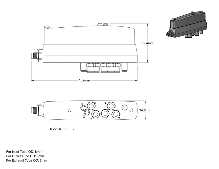 Teknik Çizim - Elektrikli Hava Yön Kontrol Vanası, Tek Solenoid, 3-Way, 3/2 Akış, 8 mm Push-Connect