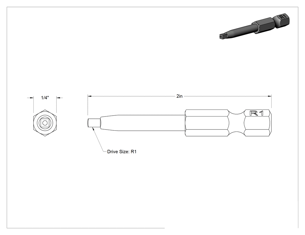 Teknik Çizim - Kurcalamaya Dayanıklı Kare Uç, Elektrikli Aletler için 1/4" Altıgen Şaft, R1 Boyutu