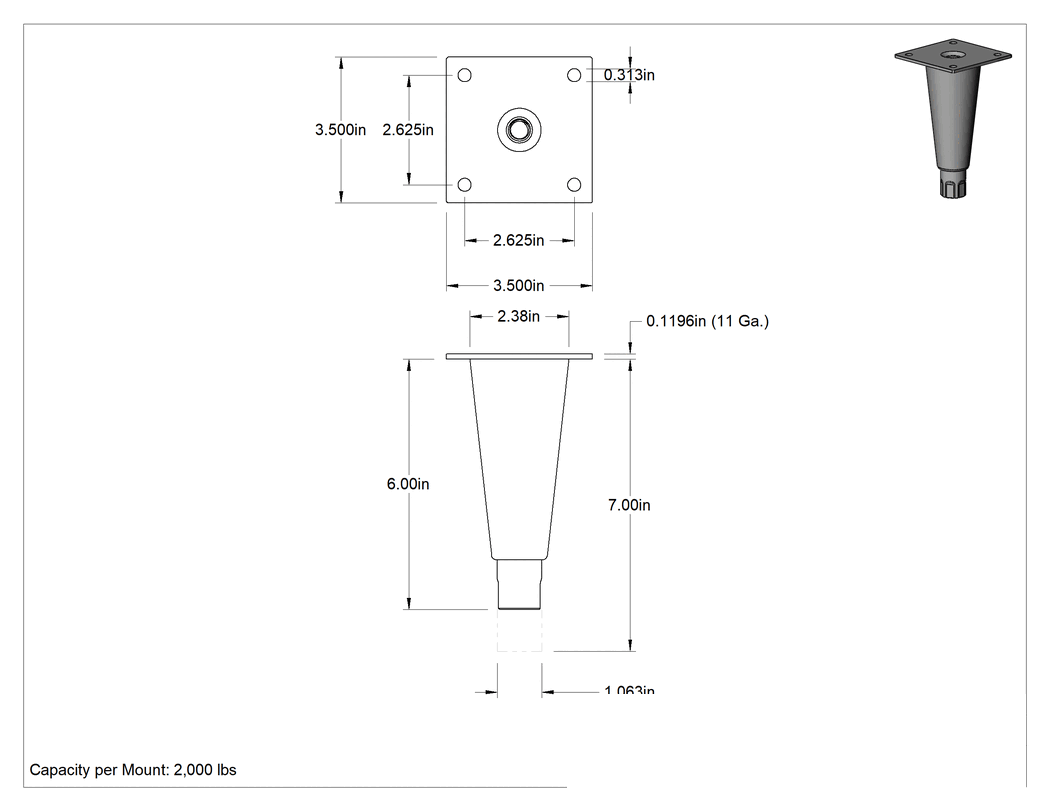 Teknik Çizim - Gıda ve İçecek Sert Seviyeleme Montaj Parçası, 3-1/2" Genişlikte Braketli, Nikel Kaplı Çinko Kalkan