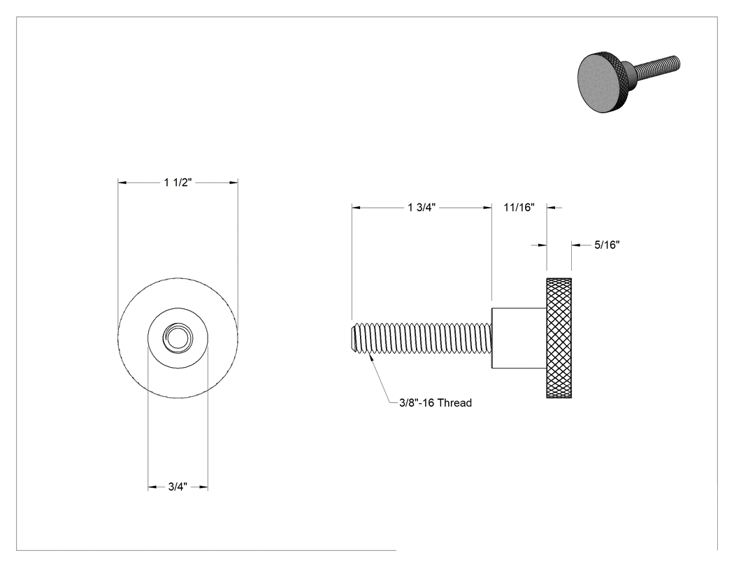 Teknik Çizim - Siyah Oksit Çelik Tırtıllı Tutma Düğmesi, 3/8"-16 Dişli 1-3/4" Uzunlukta Saplamalı, 1-1/2" Çaplı Başlık