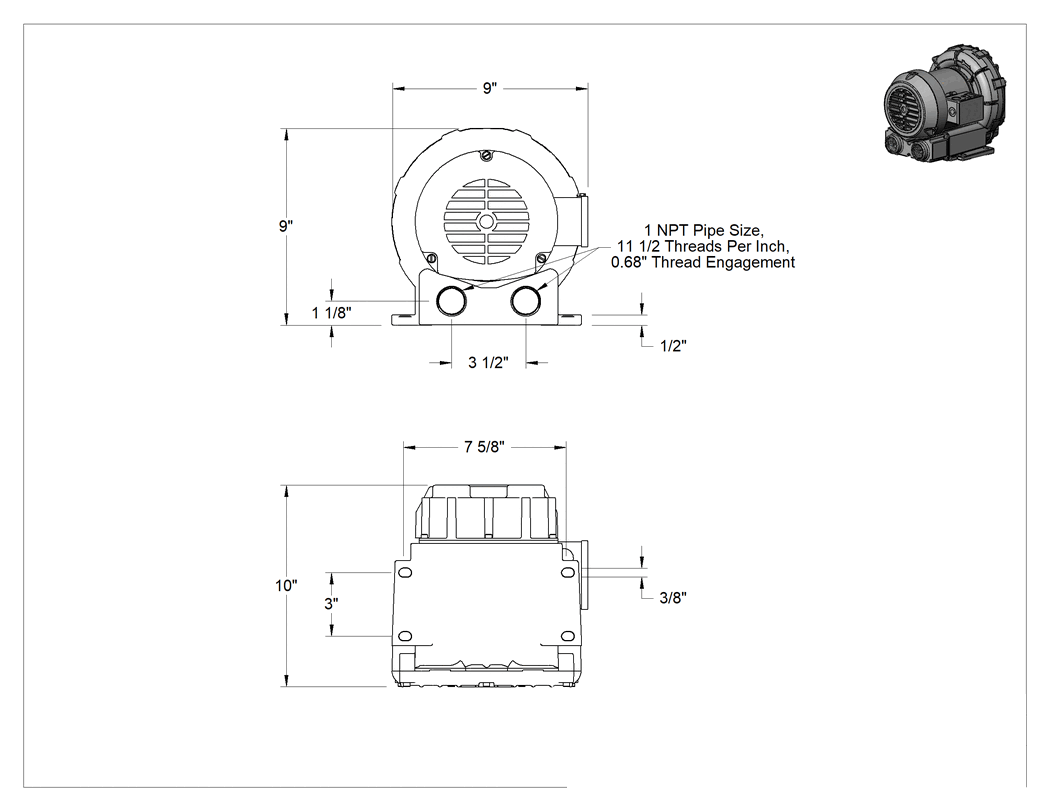 Teknik Çizim - Yüksek Akışlı Düşük Basınçlı Sıkıştırılmış Hava Üfleyici, Tek Kademeli, Tek Faz, 42 CFM @ 0 PSI