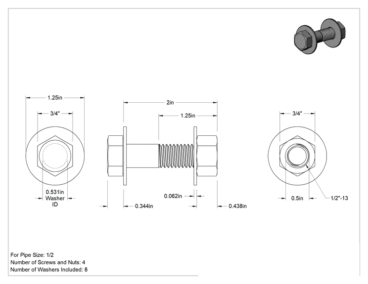 Teknik Çizim - Boru Flanşları için Altıköşe Başlı Vida ve Pul Kiti, 1/2 Boyutlu Boru Flanşı için, 1/2"-13 Boyut, 18-8 Paslanmaz Çelik, 16 Parça