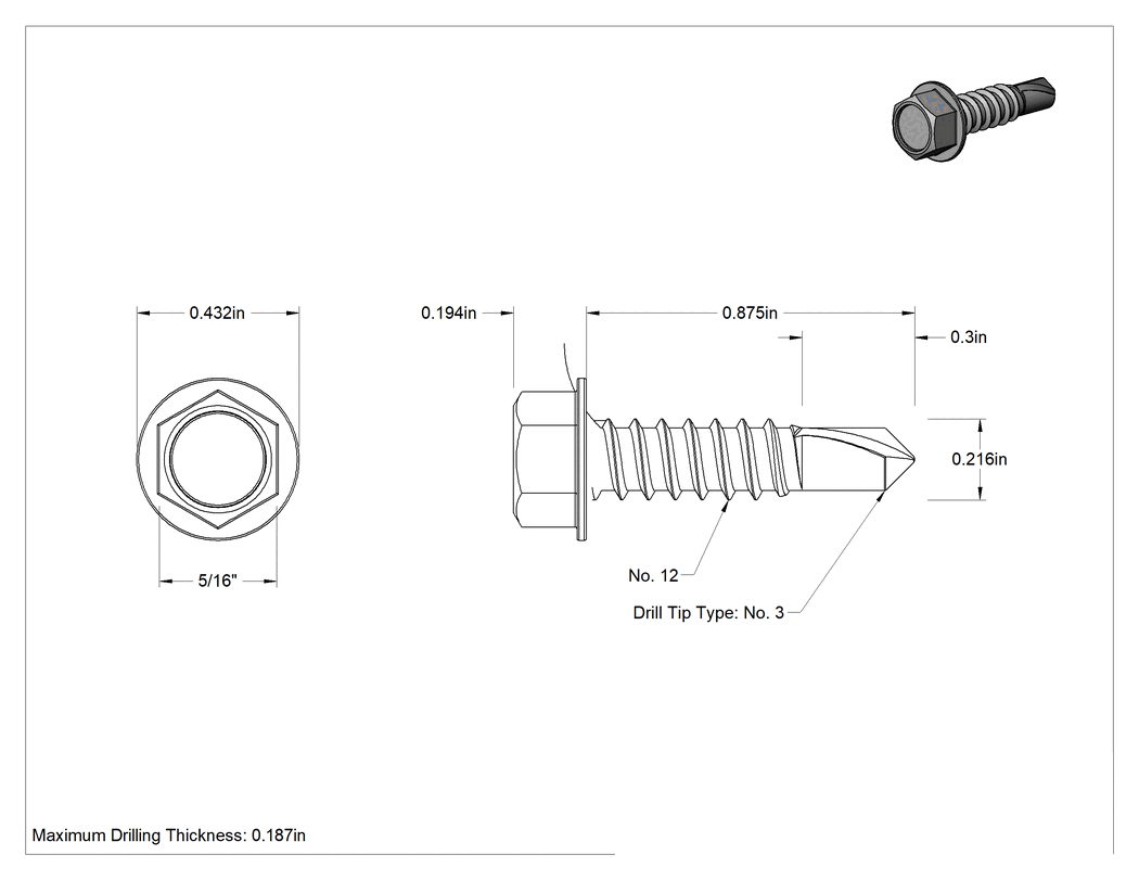 Teknik Çizim - Paslanma ve Aşınmaya Dayanıklı Alaşımlı Çelik Delme Vidaları, Flanşlı, Altıköşe Başlık, 12 Numaralı Boyut, 7/8" Uzunluk