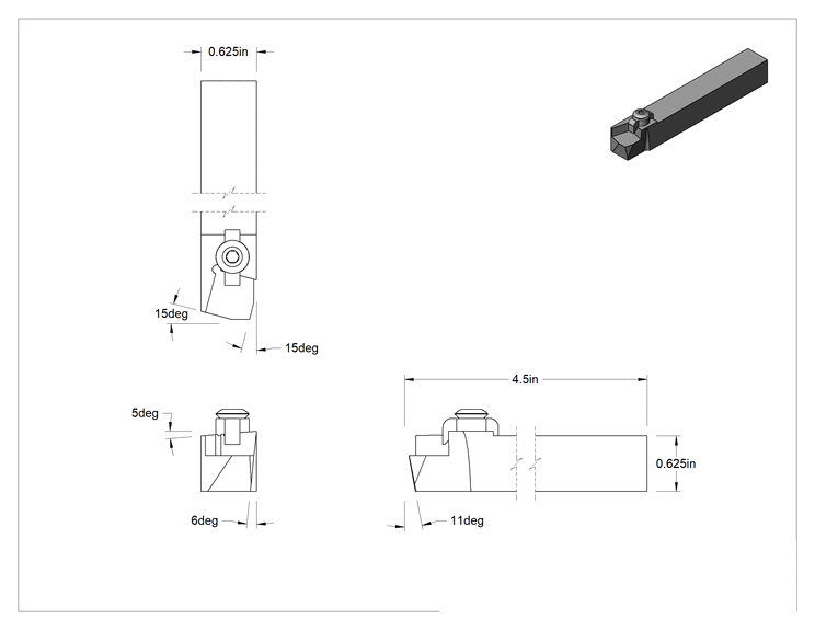 Teknik Çizim - Döner Karbür Uç Tutucu, CSBP, Sağ Yönlü, 3/8" iç çember çapı için, 5/8" Şaft Genişliği