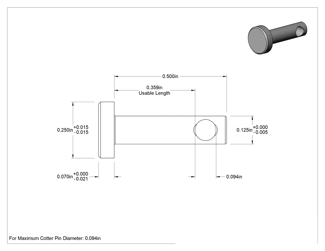 Teknik Çizim - Karbon Çelik Çatal Pim, 1/8" Çap, 5/16" Kullanılabilir Uzunluk