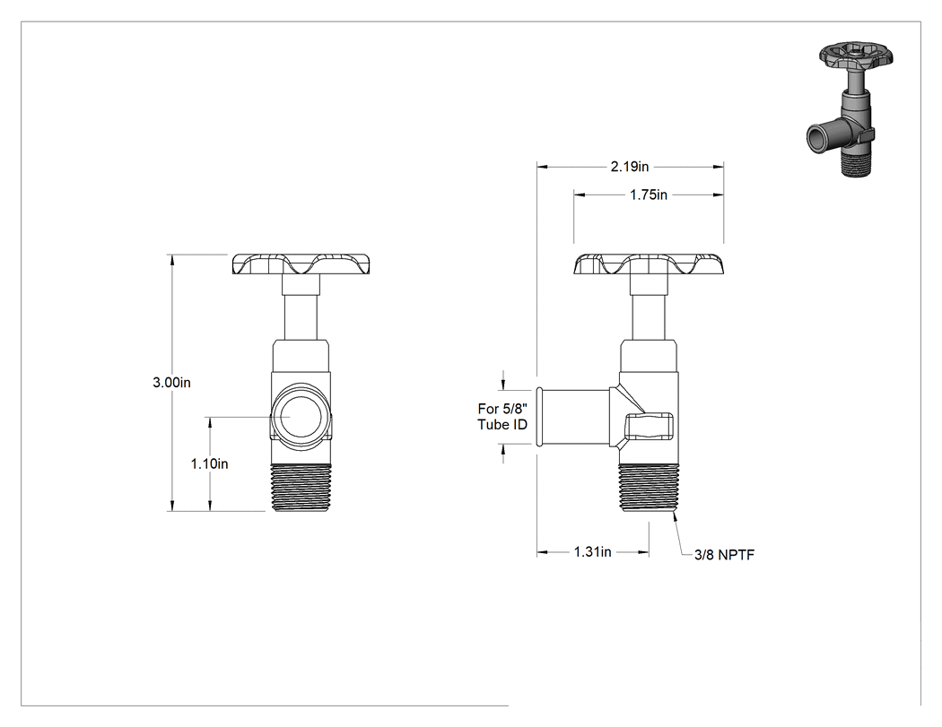 Teknik Çizim - Yakıt için Hassas Akış Ayar Valfi, Pirinç, 3/8 NPTF Erkek x 5/8" Boru İç Çapı için Tırnaklı