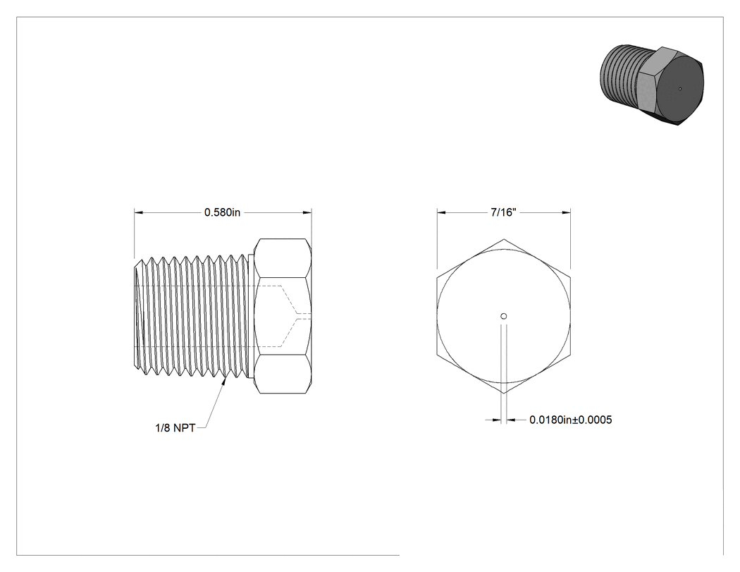 Teknik Çizim - 303 Paslanmaz Çelik Gövdeli Dişli Delikli Vana, Altıköşe Başlıklı Tapa, 1/8 NPT Erkek, 0.018 inç Delik Çapı