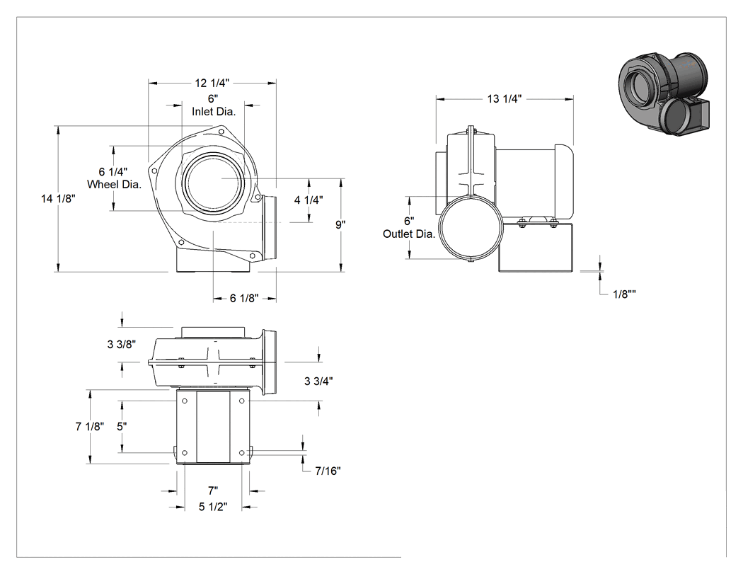 Teknik Çizim - Kıvılcım Dayanıklı Üfleyici, Tehlikeli Yerler için, 1070 CFM @ 1/4 inç Su