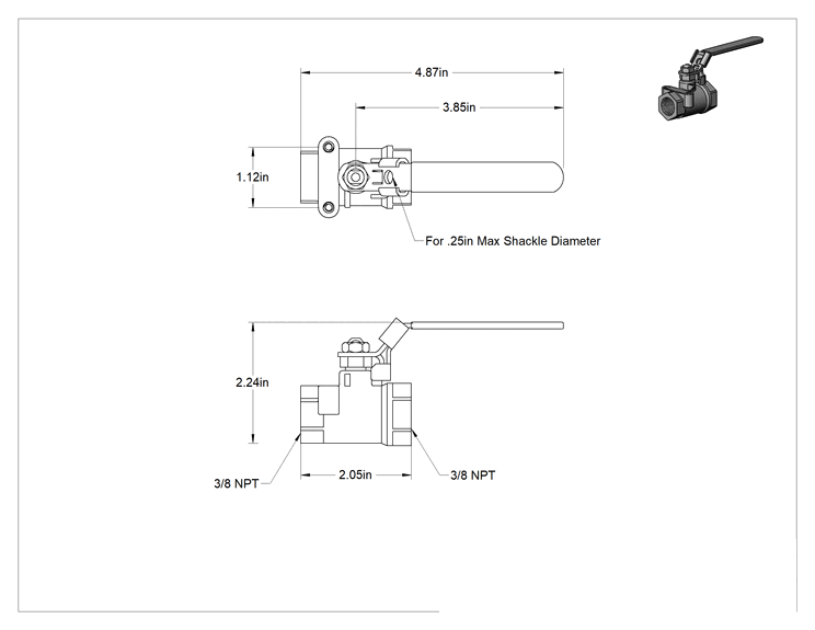 Teknik Çizim - Yüksek Basınçlı Açma/Kapama Valfi, Kilitlenebilir Kol Duru, 316 Paslanmaz Çelik Gövde, 3/8 NPT Dişi, 7.2 Cv