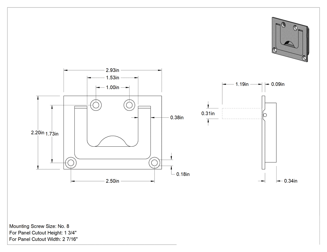 Teknik Çizim - Montaj Plakalı Gömme Katlanır Çekme Kolu, Dikdörtgen Tutamak, Krom Kaplı Pirinç, 1-11/16" Genişlikte Tutamak