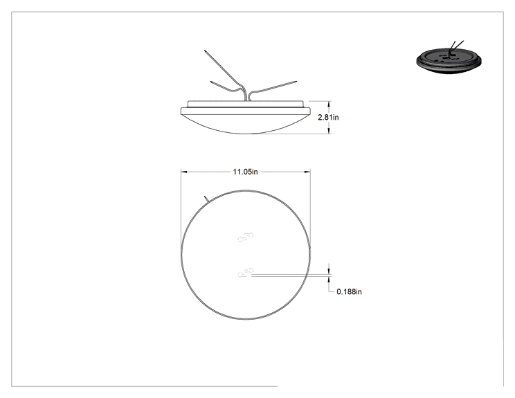 Teknik Çizim - Dekoratif Tavan Işığı, Mat Beyaz Gövde, 11-1/8" Çap x 2-7/8" Toplam Yükseklik