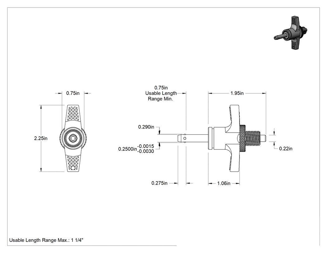 Teknik Çizim - Uzunluğu Ayarlanabilir Kilitli Hızlı Açma Pimi, 1/4" Çap, 3/4" ila 1-1/4" Kullanılabilir Uzunluk