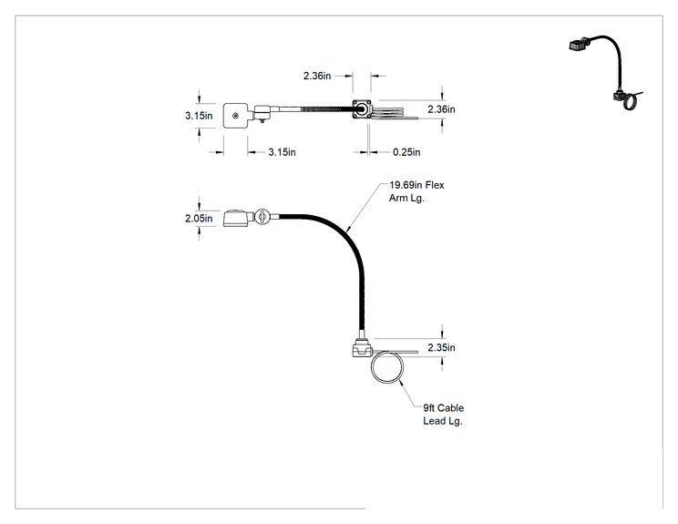 Teknik Çizim - Her Yöne Uygun Makine Işığı, Bağlantı Elemanı Montajı, 19-5/8" Kol Uzanma Mesafesi, 24V DC