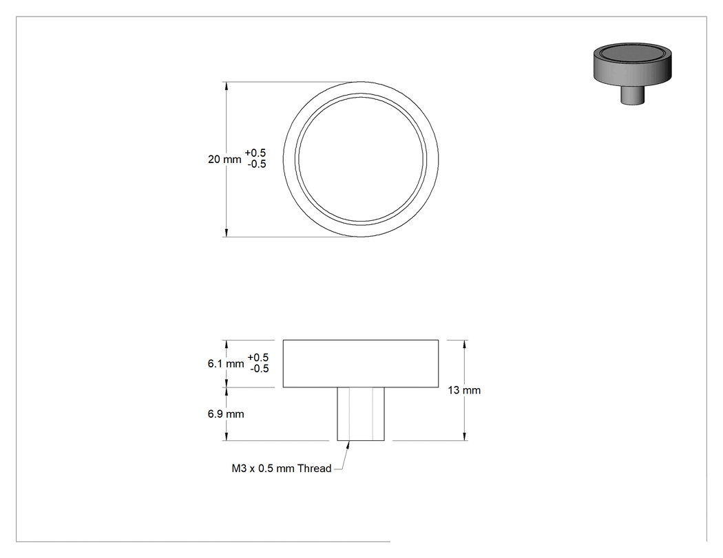 Teknik Çizim - Kapalı Seramik Mıknatıs, Dişli Delik, Çinko Kaplı Çelik Kasa, 6.1 mm Kalınlık, 20 mm Dış Çap