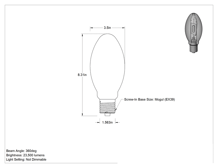 Teknik Çizim - Metal Halide Ampul, ED28 Konisi, EX39 Mogul Tabanı, 250W, 4200K, 23500 lümen