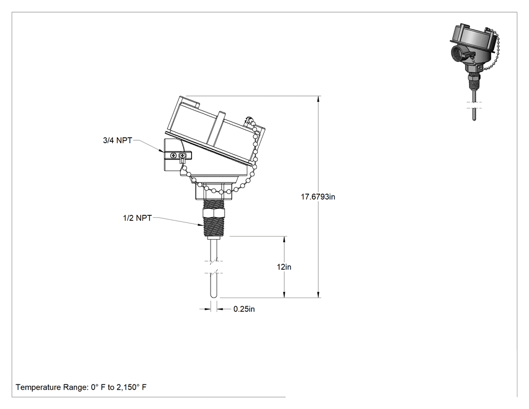 Teknik Çizim - Tehlikeli Ortam Termokupl Prob Vericisi, Dişli, Paslanmaz Çelik, Tip K, 0° ila 2150°F, 12" Uzunluk Prob