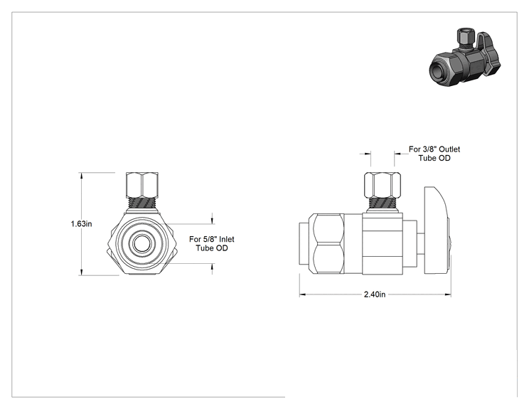 Teknik Çizim - Sıhhi Tesisat için Çeyrek Dönüşlü Kesme Vanası, Dirsek, Bas-Bağlan Giriş ve 3/8" Sıkıştırmalı Çıkış
