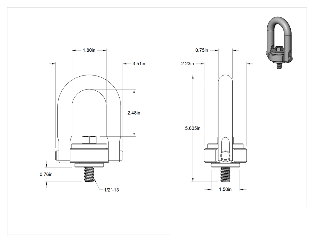 Teknik Çizim - Kaldırma için Gerginlik Göstergeli Kaldırma Halkası, 1/2"-13 Diş Boyutu, 3/4" Diş Uzunluğu