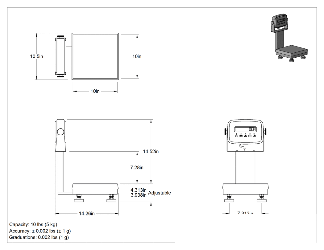 Teknik Çizim - Ticarete Uygun Yıkanabilir Tezgah Üstü Terazi, IP69K, NEMA 4x, 10 lbs. Kapasite