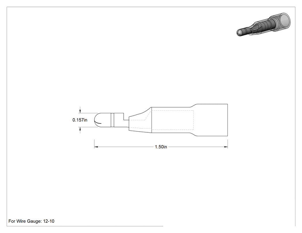 Teknik Çizim - Sıkı Tutuşlu Isıyla Daralan Çıtçıtlı Terminaller, Erkek, 12-10 AWG için, 0.157" Tapa Çapı