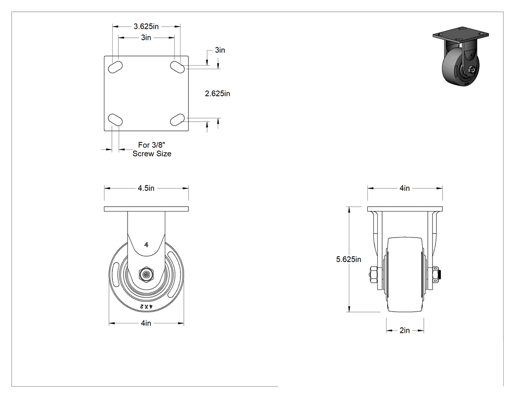 Teknik Çizim - 4-1/2" x 4" Montaj Plakalı Samson Tekerlek, 4 inç Çapında Gri Kauçuk Tekerlekli Sert, Açık Rulman