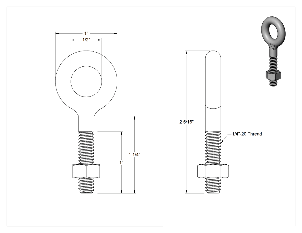 Teknik Çizim - Somunlu 316 Paslanmaz Çelik Halka Cıvata, ve Kaldırma Omuzu Olmayan, 1/4"-20 Boyut, 1" Uzunluk Diş