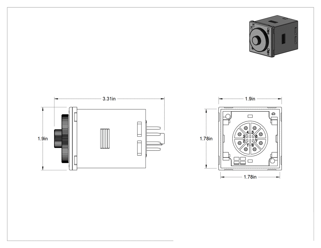 Teknik Çizim - 8 Terminalli Versa-Mount Zamanlayıcı Rölesi, Katı Hal, Başlangıç Tekrarlama Döngüsü, 83 mA
